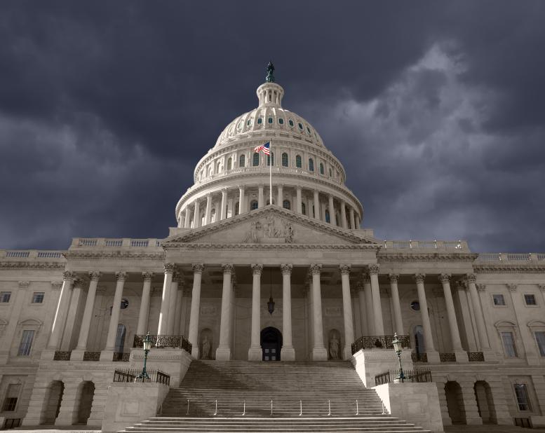 Dark sky over the United States Capitol building in Washington DC.