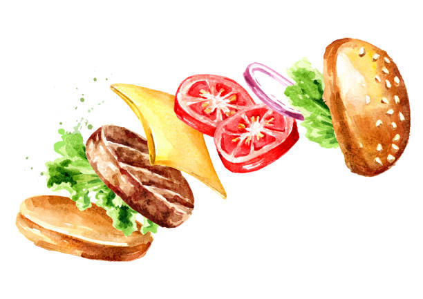 Hamburger+cheeseburger++flying+ingredients.+Watercolor+hand+drawn+illustration+isolated+on+white+background
