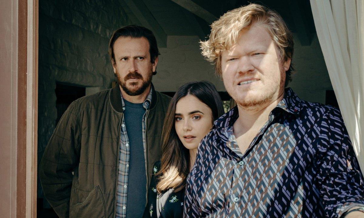 WINDFALL - (L-R) LILY COLLINS as WIFE, JESSE PLEMONS as CEO and JASON SEGEL as NOBODY. Cr: Netflix © 2022