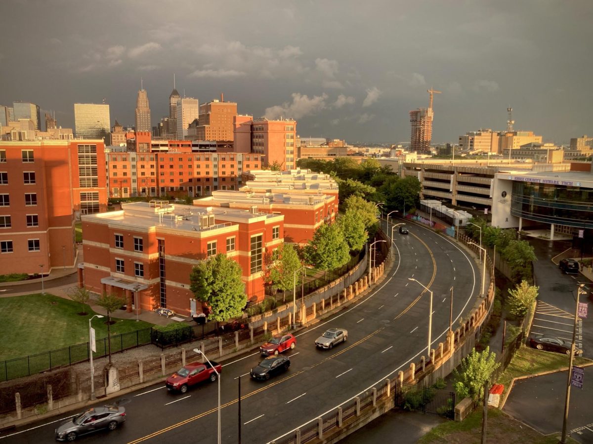 View from Maple Hall of other residence buildings at NJIT: John Martinson Honors Residence Hall, Greek Way, Laurel Hall, and Oak Hall.