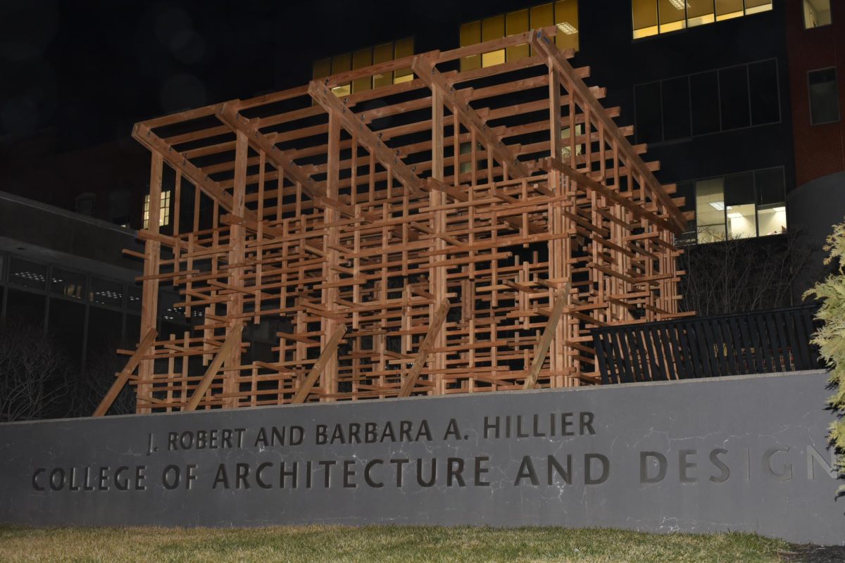 The Place of Dwelling built by NJIT architecture students in front of Weston Hall on the Warren Street side.