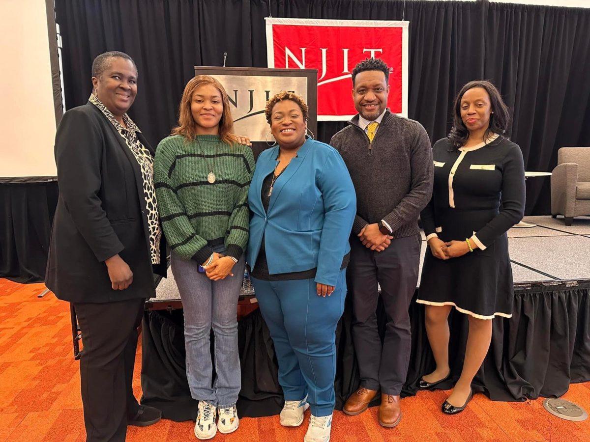 From left to right: Dr. Marybeth Boger, Vice President for Student Affairs and Dean of Students; Udochukwu (Laura) Nwanebu, first-year Newark Mayors Scholar and Albert Dorman Honors Scholar; Dr. Brittney Cooper; Dr. David E. Jones, Chief Diversity Officer; Dr. Angela Garretson, Chief Government and Community Relations Officer − Photo Courtesy of Black History Month speaker series organizers